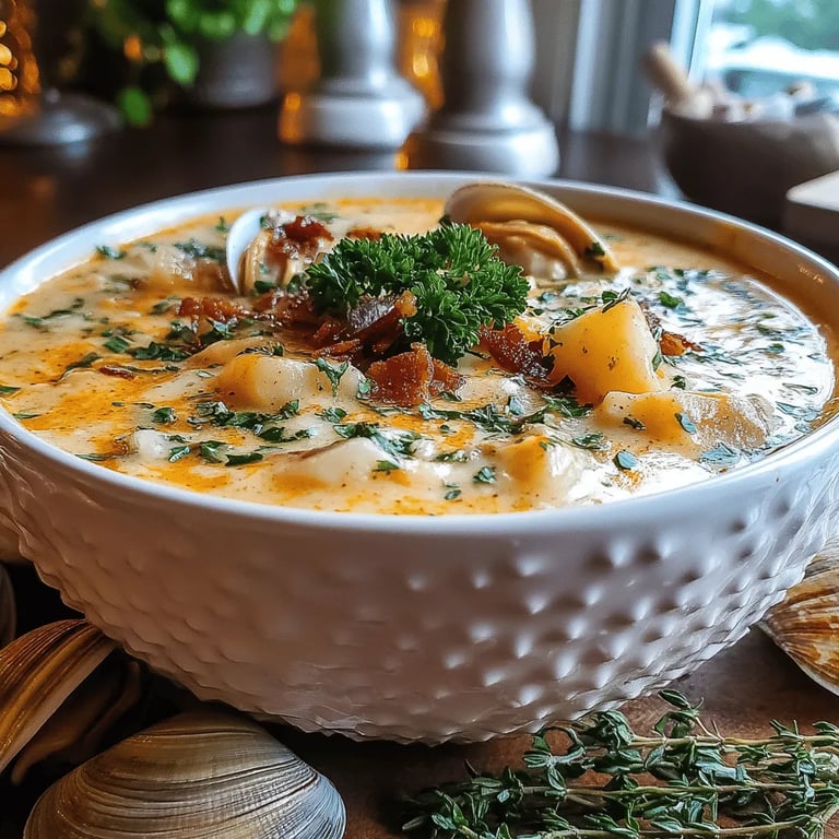 Coastal Comfort: Classic New England clam chowder close up showing texture and detail
