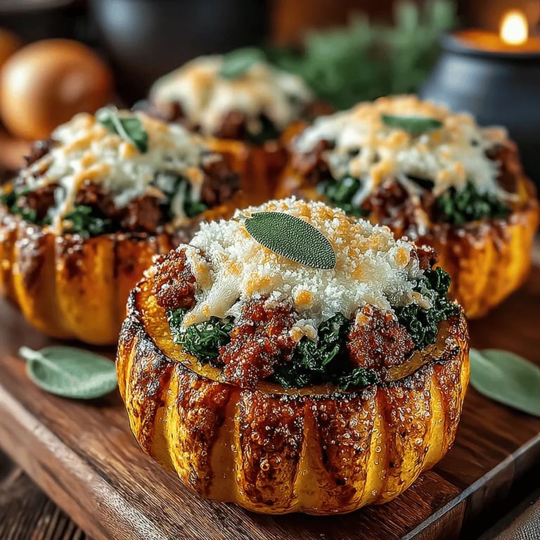 Apple Sage Sausage Stuffed Acorn Squash close up showing texture and detail
