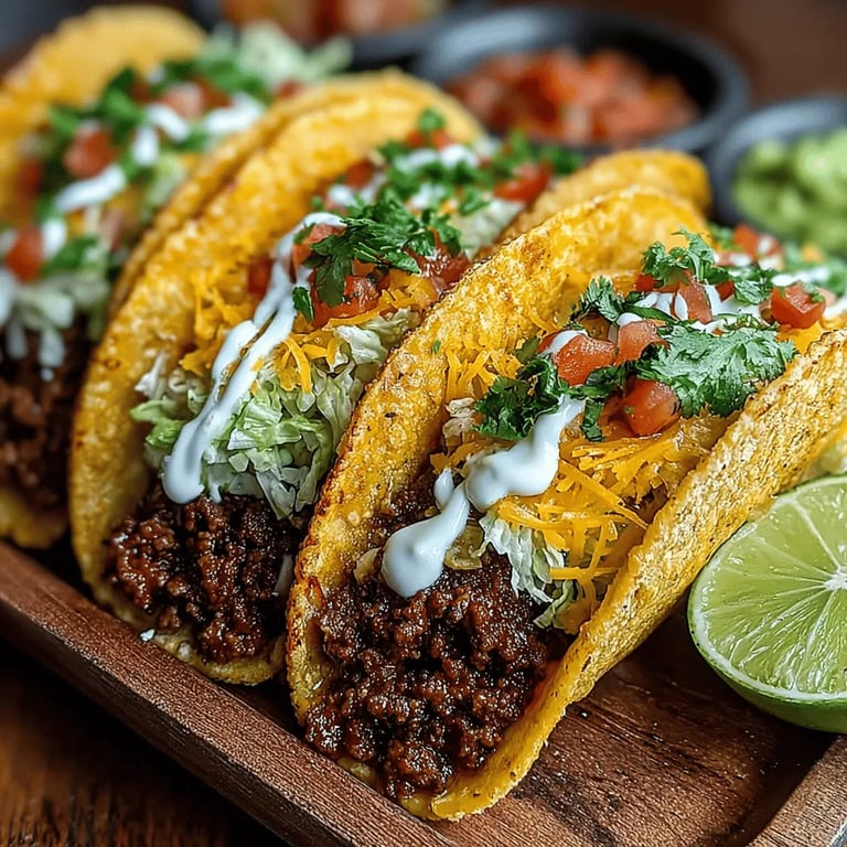 Easy Beef Tacos with Creamy Avocado Sauce close up showing texture and detail