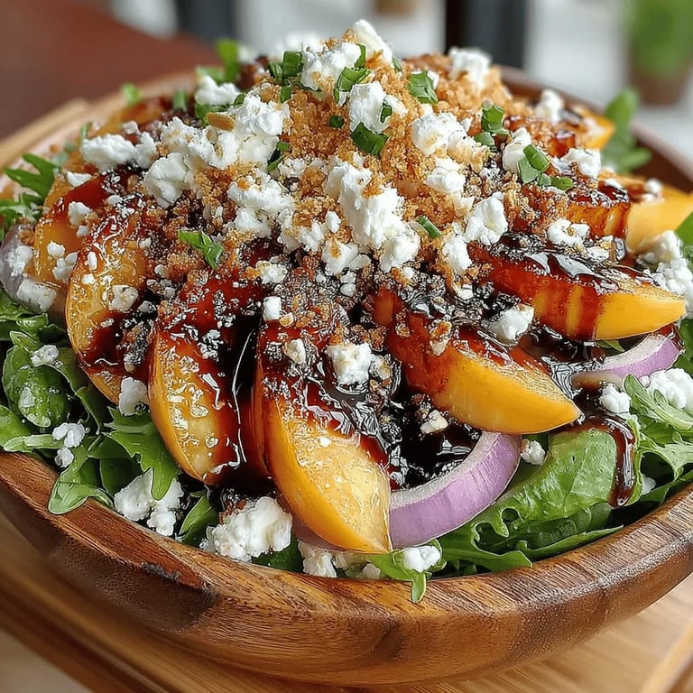 Peachy Greens Delight: A Fresh and Flavorful Summer Salad close up showing texture and detail