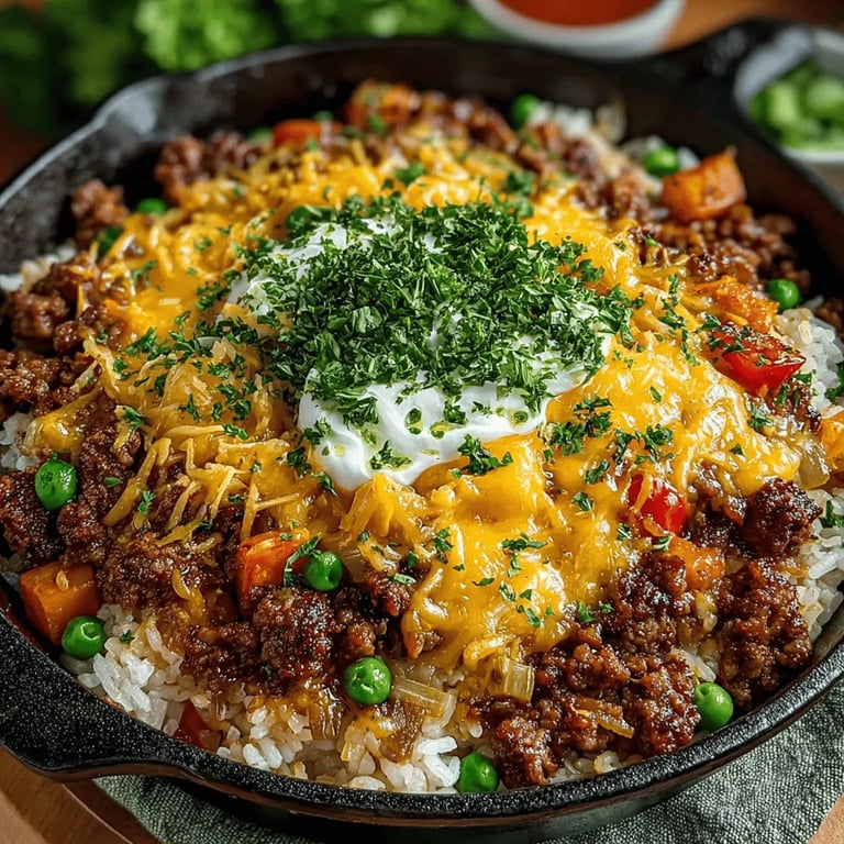 Cheesy One-Pan Beef & Rice Delight close up showing texture and detail