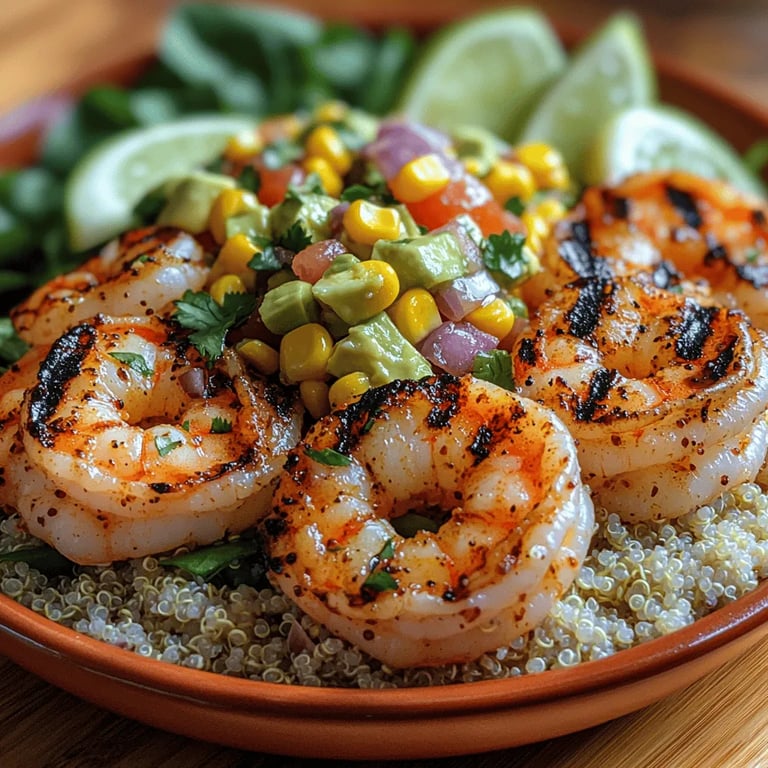 Grilled Shrimp Bowl with Avocado and Corn Salsa: A Culinary Delight close up showing texture and detail