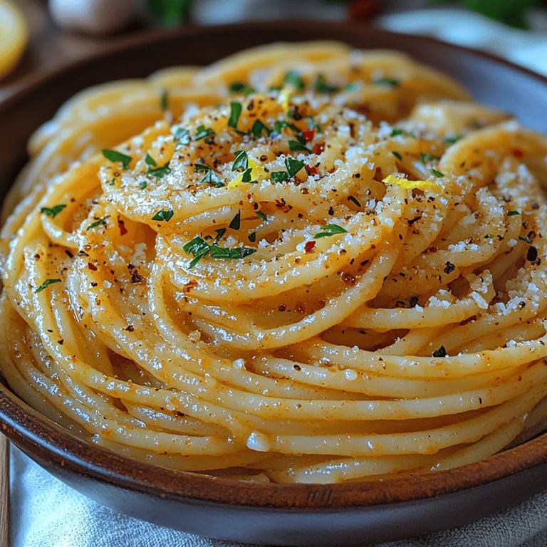 Spaghetti with Roasted Garlic Butter close up showing texture and detail