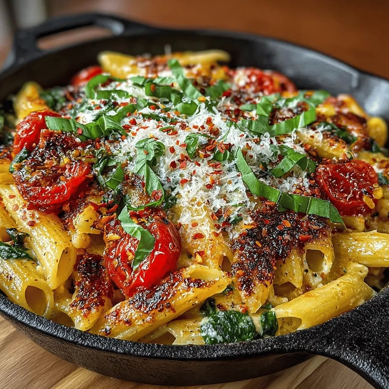 Creamy Tomato Basil Pasta Skillet close up showing texture and detail