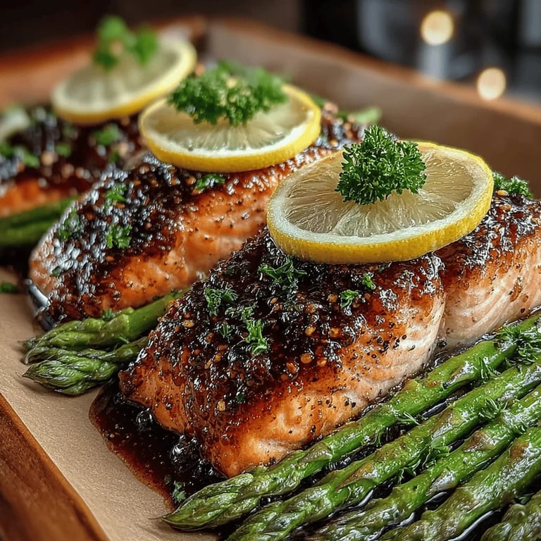 Quick Honey Mustard Salmon & Asparagus Delight close up showing texture and detail