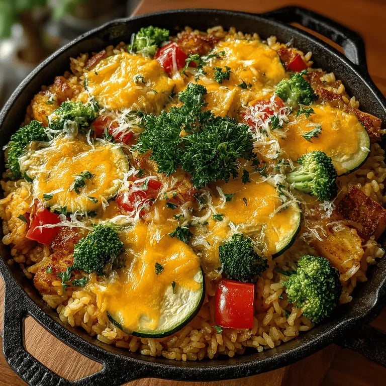 One-Skillet Cheesy Vegetable Casserole close up showing texture and detail