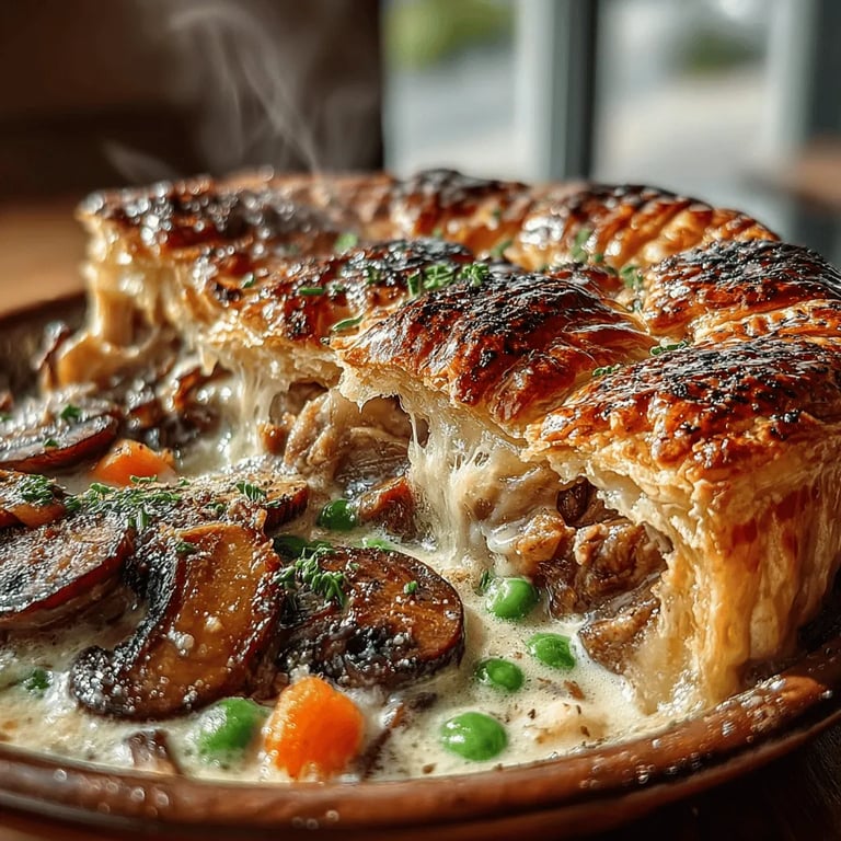Warm & Comforting Chicken and Mushroom Pot Pie close up showing texture and detail