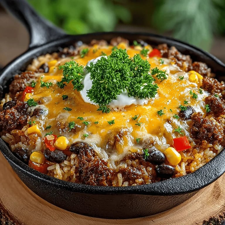 Cheesy Baked Beef & Rice Delight Recipe close up showing texture and detail