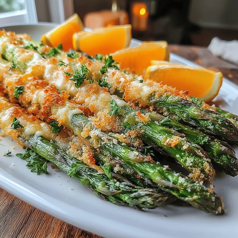 Crispy Lemon Parmesan Air Fryer Asparagus close up showing texture and detail
