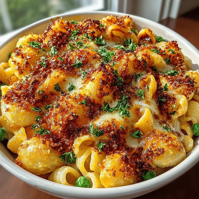 Cheesy Pea Paradise Mac: A Comforting Delight close up showing texture and detail