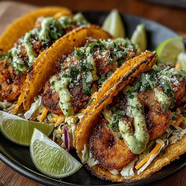 Zesty Quick Shrimp Tacos with Avocado Cream close up showing texture and detail