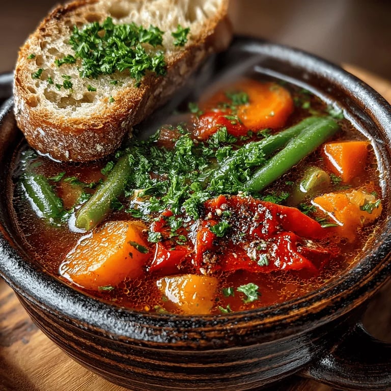 Cozy Hearth Vegetable Soup close up showing texture and detail
