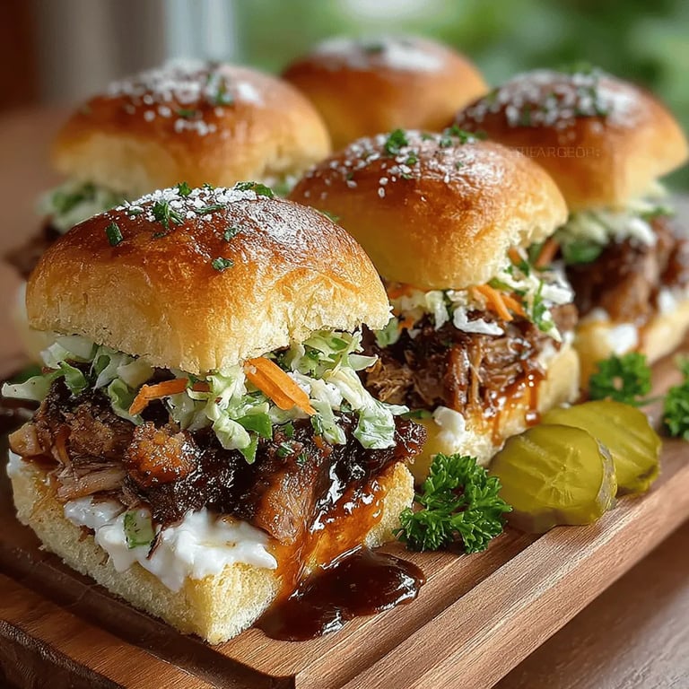 Savory BBQ Pulled Pork Sliders with Crunchy Slaw close up showing texture and detail