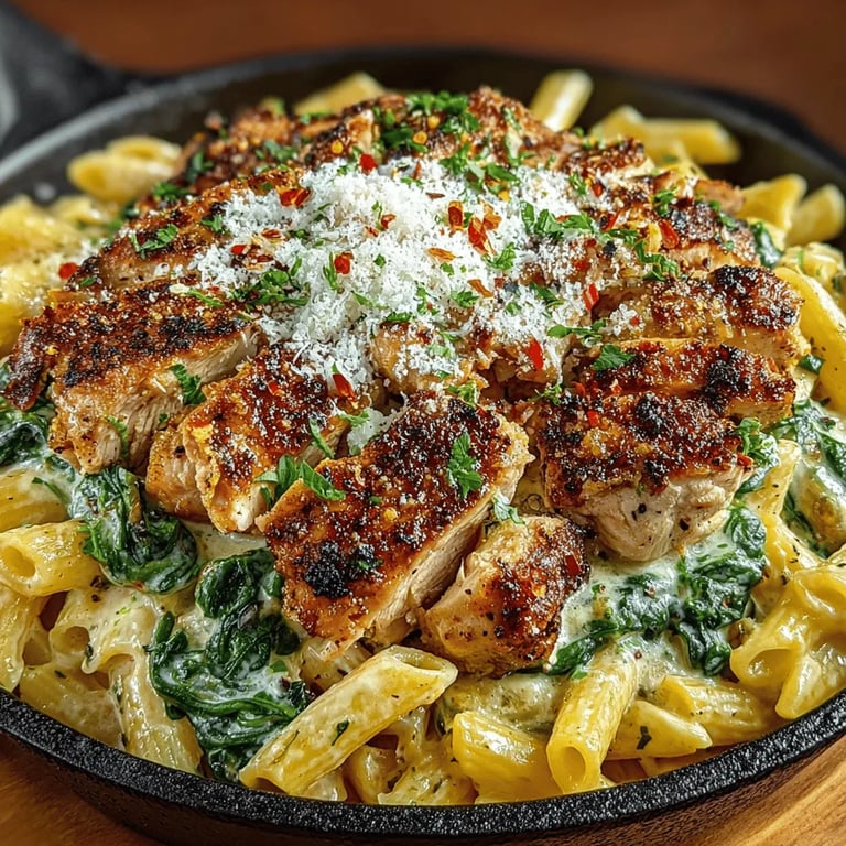 Creamy Chicken Spinach Pasta Skillet: A Delicious Recipe close up showing texture and detail