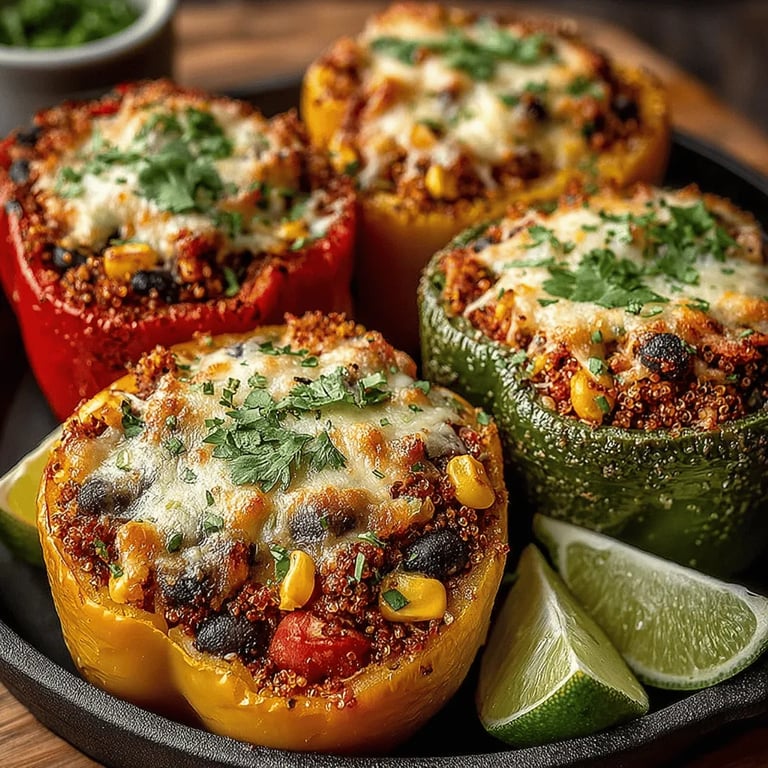 Colorful Quinoa and Black Bean Stuffed Bell Peppers close up showing texture and detail