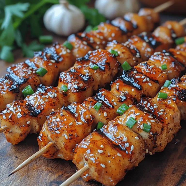 Honey Garlic Chicken Skewers close up showing glossy glaze and charred edges