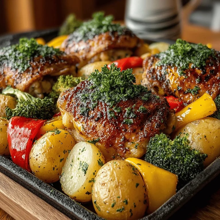 Chicken and Vegetable Sheet Pan Dinner close up showing texture and detail