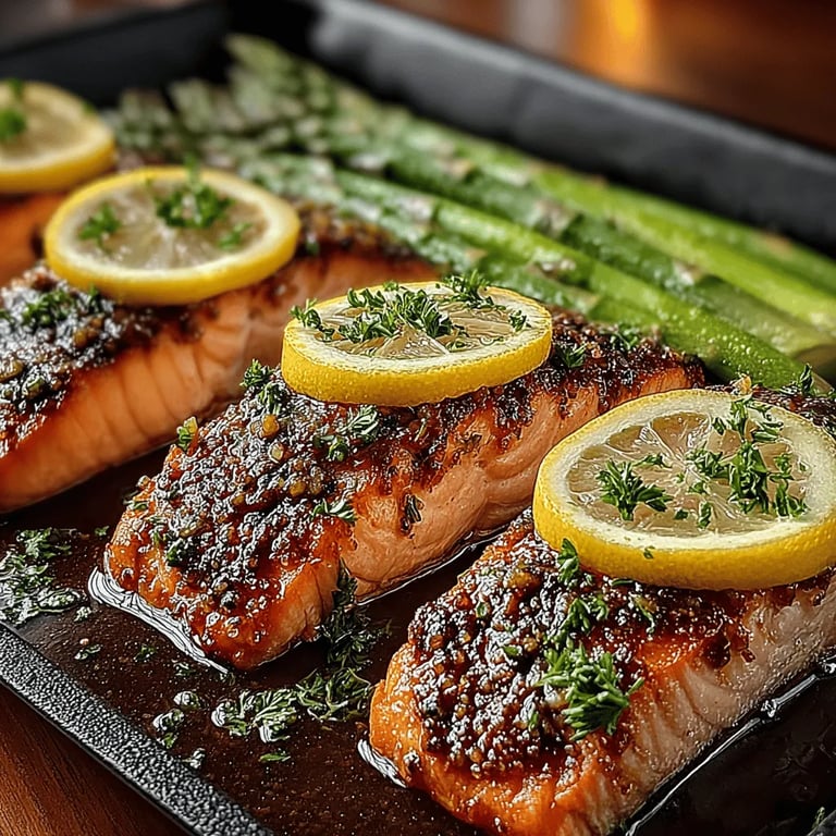 Zesty One-Pan Lemon Butter Salmon & Asparagus close up showing texture and detail