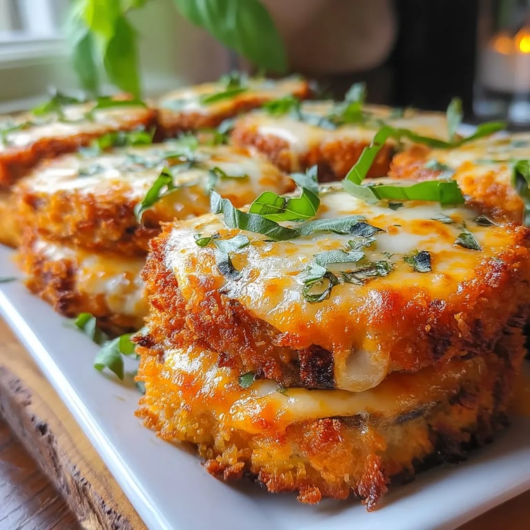 Crispy Air Fryer Eggplant Parmigiana close up showing texture and detail