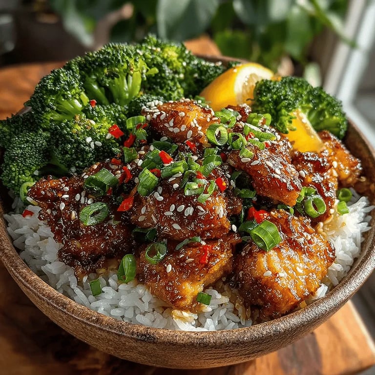 Sweet & Savory Teriyaki Chicken & Broccoli Bowls close up showing texture and detail