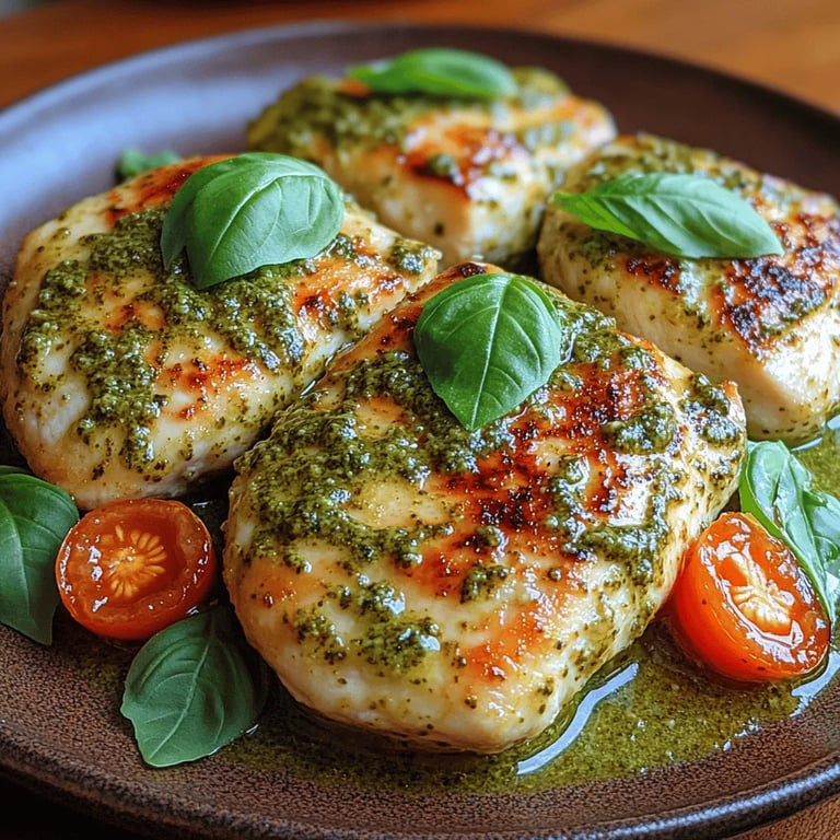 Creamy Basil Pesto Chicken Delight close up showing texture and detail
