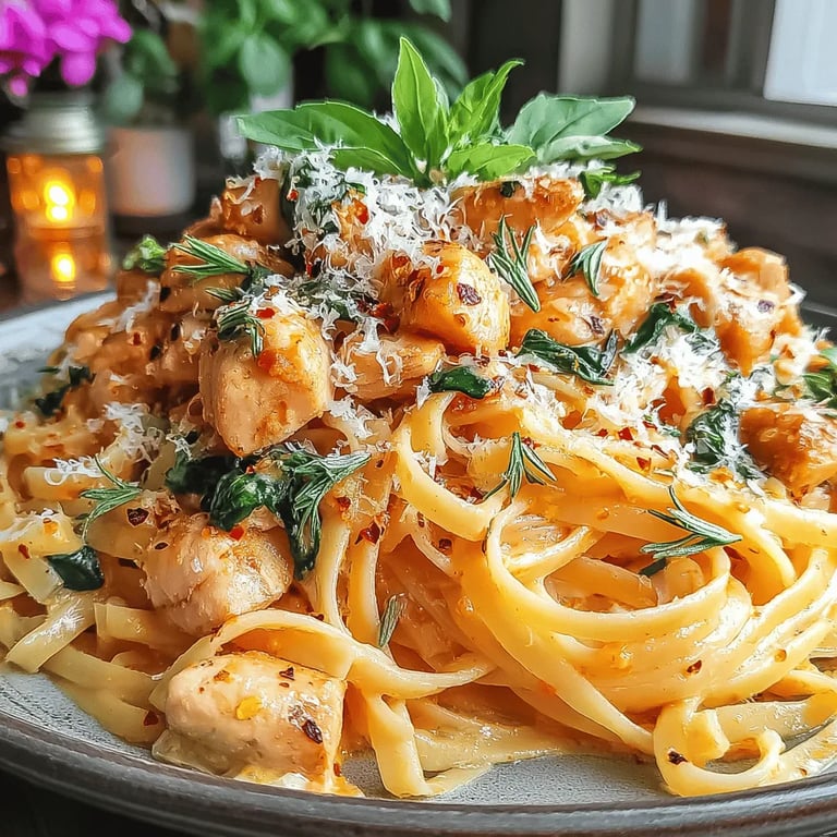 Heavenly Creamy Chicken and Spinach Pasta close up showing texture and detail