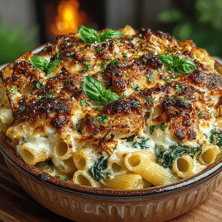 Creamy Chicken and Spinach Pasta Bake: A Comforting Delight for Your Table close up showing texture and detail