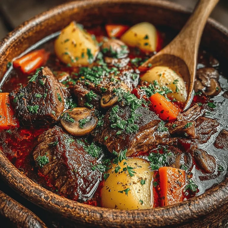 Robust Beef Stew with Aromatic Herbs: A Hearty Delight close up showing texture and detail