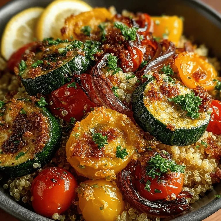 Herb-Infused Roasted Veggie Quinoa Bowl close up showing texture and detail