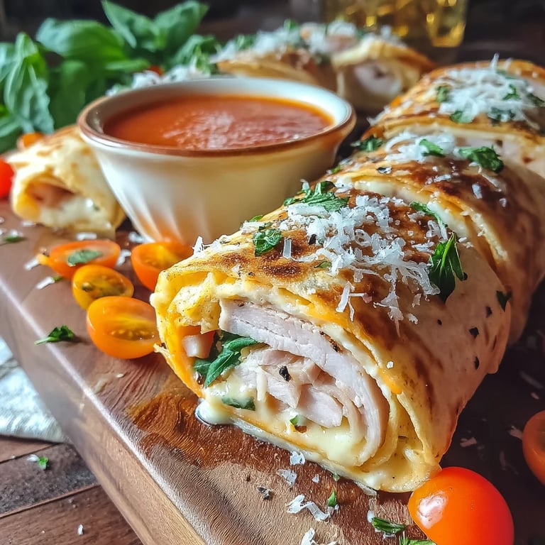 Turkey Alfredo Garlic Wraps close up showing texture and detail