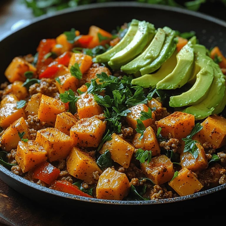 Savory Sweet Potato and Turkey Skillet: Recipe Completion close up showing texture and detail