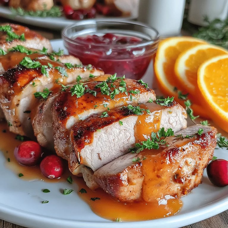 Air Fryer Cranberry Orange Pork Tenderloin close up showing texture and detail
