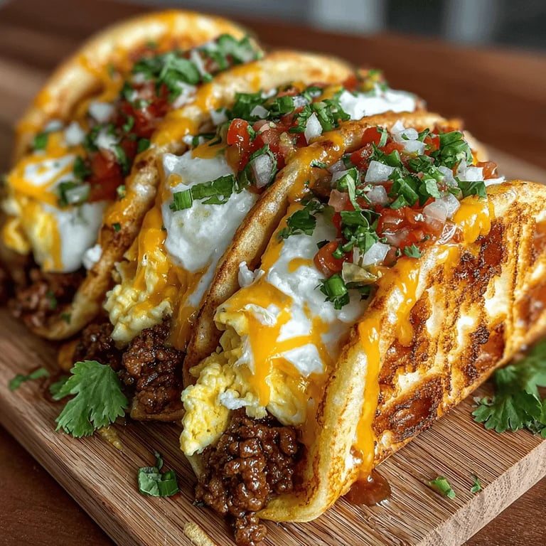 Mini Sausage and Egg Waffle Tacos: A Deliciously Unique Breakfast Treat close up showing texture and detail