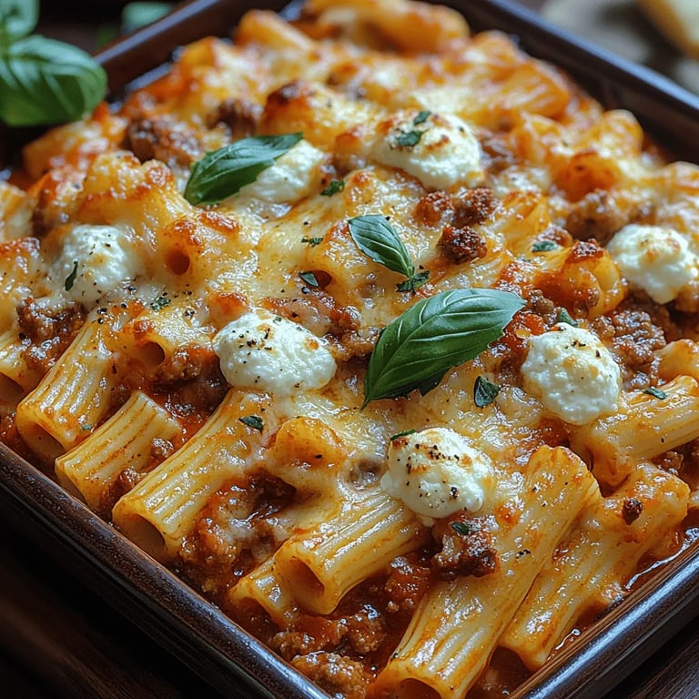 Cozy Baked Rigatoni with Hearty Meat Sauce: Steps to Create a Delicious Meal close up showing texture and detail