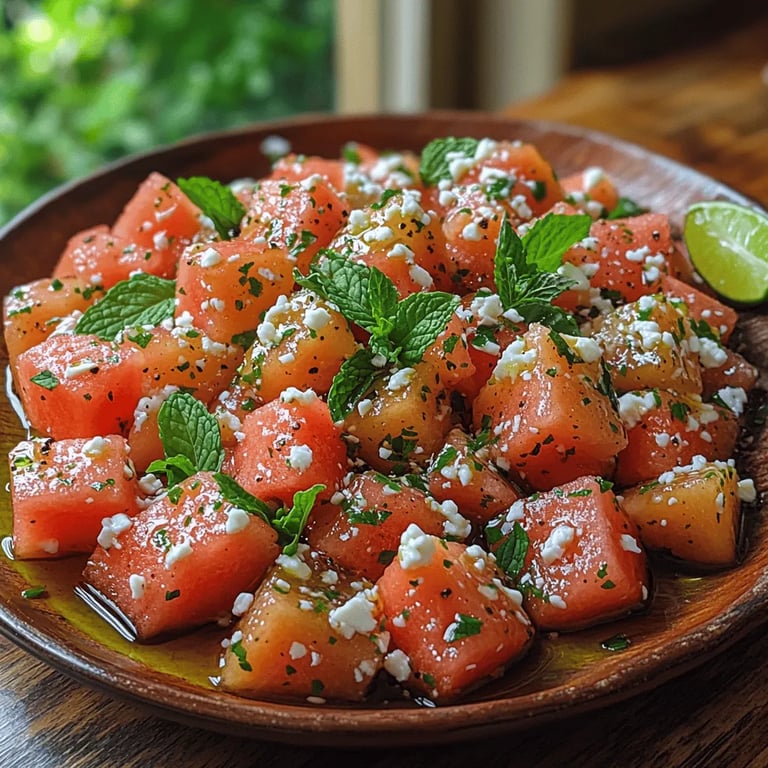 Watermelon Feta Salad close up showing texture and detail