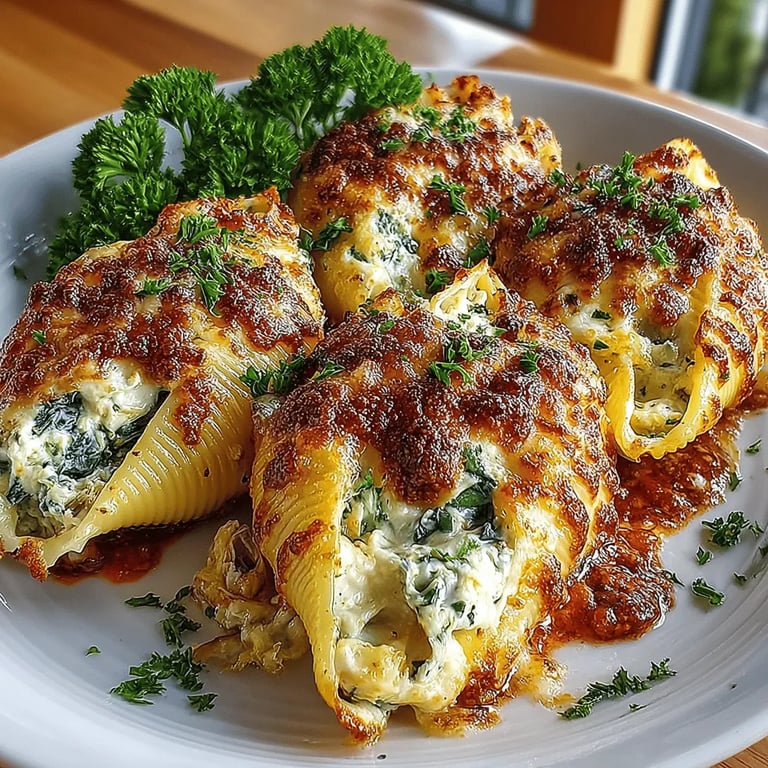Cheesy Bliss: Creamy Spinach and Artichoke Stuffed Shells close up showing texture and detail