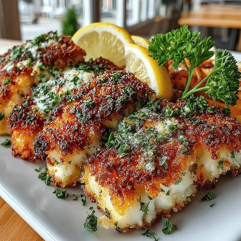 Crispy Lemon-Infused Parmesan Tilapia close up showing texture and detail