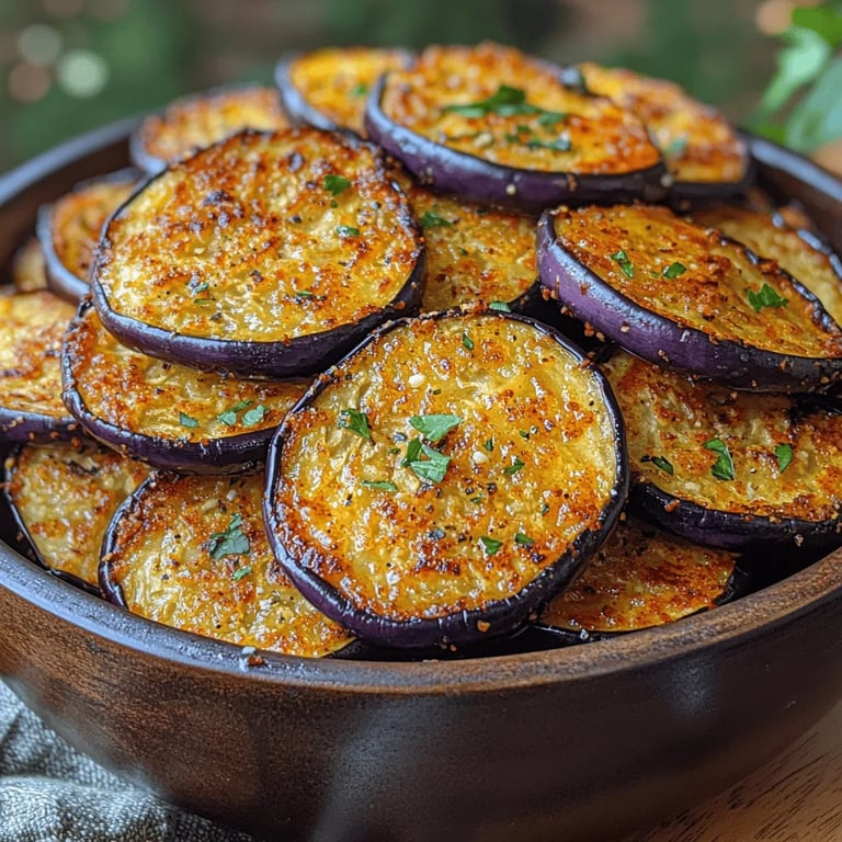 Crispy Air-Fryer Eggplant Chips close up showing texture and detail