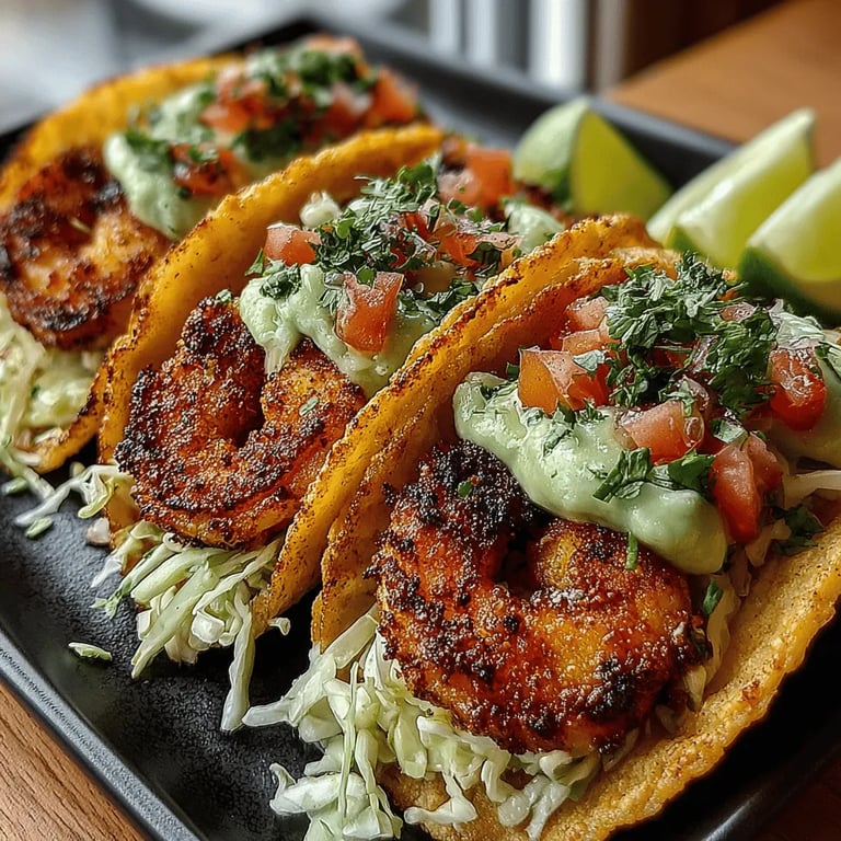 Speedy Shrimp Tacos with Creamy Avocado Sauce: A Culinary Delight close up showing texture and detail