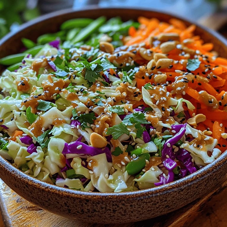 Crunchy Asian Slaw with Peanuts close up showing texture and detail