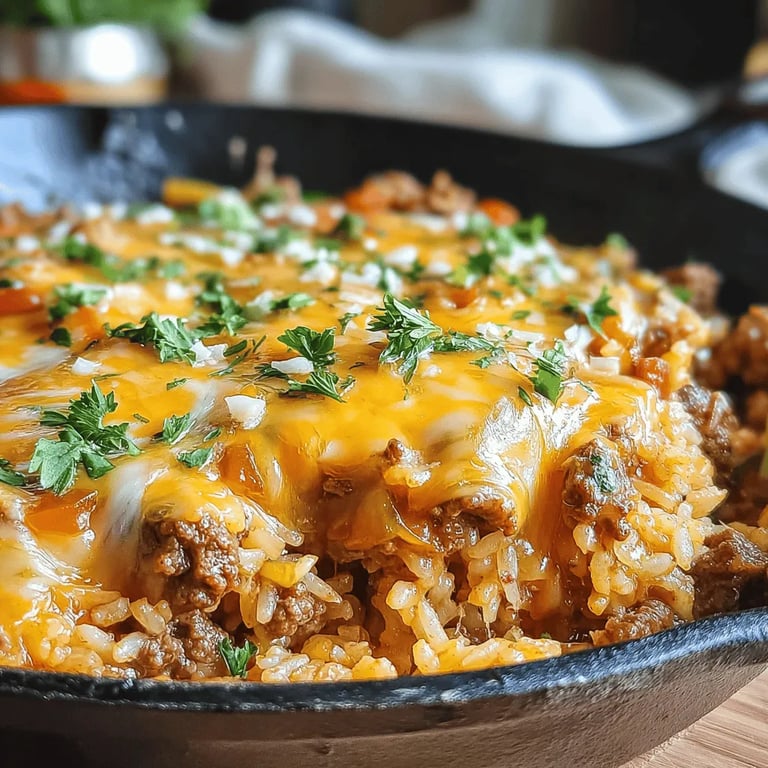 Sizzling Cheesy Beef and Rice Skillet close up showing texture and detail