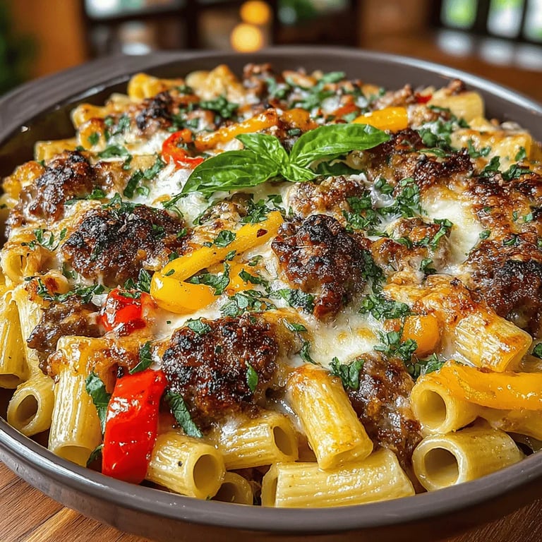 Savory Sausage and Peppers Pasta Bake close up showing texture and detail