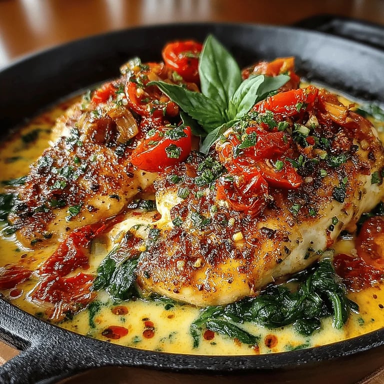 Creamy Tomato Basil Chicken Delight close up showing the creamy sauce on Tomato Basil Chicken
