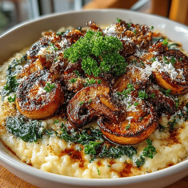 Creamy Mushroom and Spinach Risotto: A Culinary Delight close up showing texture and detail