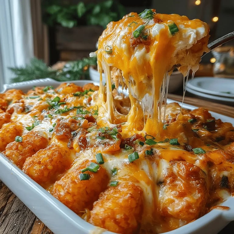 Cheesy Loaded Chicken Tater Tot Casserole close up showing texture and detail