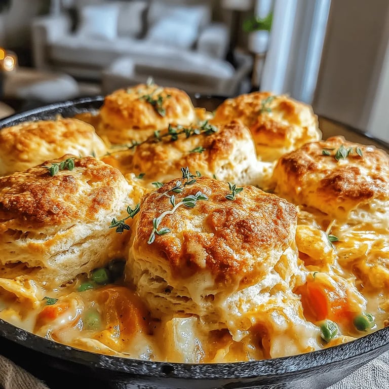 Comforting Homestyle Chicken Pot Pie with Biscuit Topping: A Heartwarming Family Recipe close up showing texture and detail