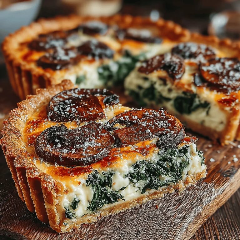 Spinach Mushroom Quiche close up showing texture and detail