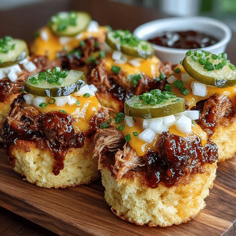 Mini BBQ Chicken Corn Muffin Sliders Recipe close up showing texture and detail