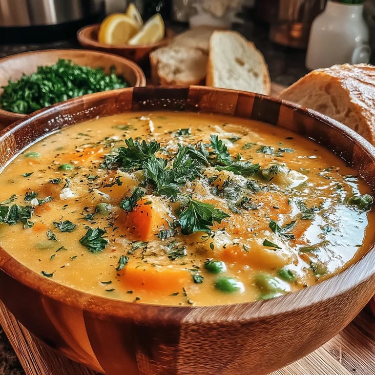 Cozy Herb-Butter Veggie Soup in the Crockpot close up showing texture and detail
