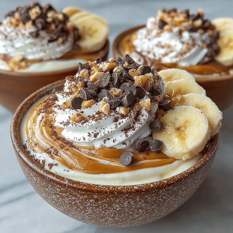Peanut Butter Yogurt bowls close up showing creamy texture and chocolate chip topping